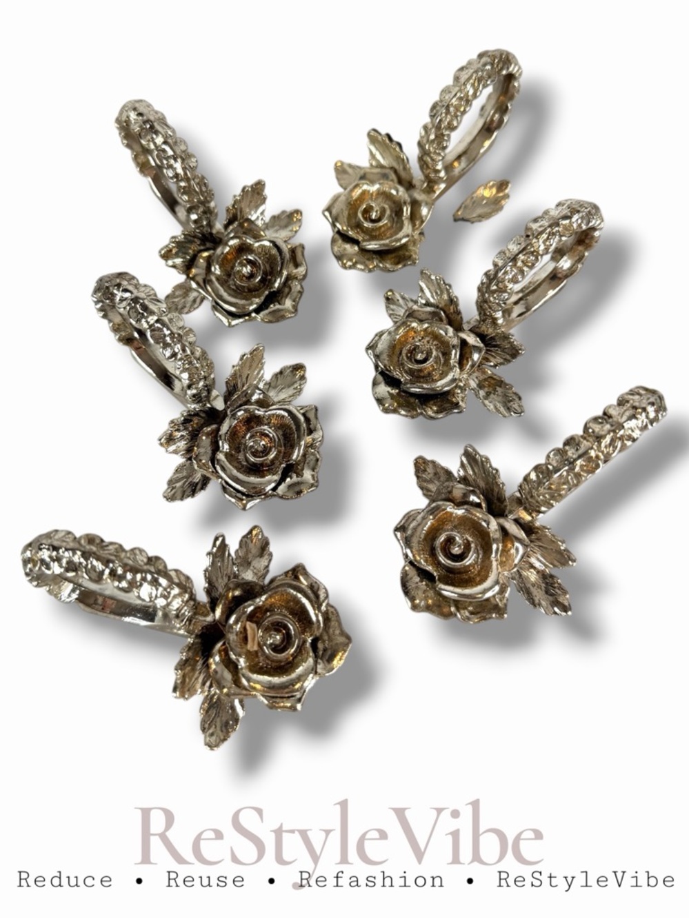 PRINCESS HOUSE VINTAGE Set of 6 Napkin Rings Silver Tone Style Rose Design 1950s